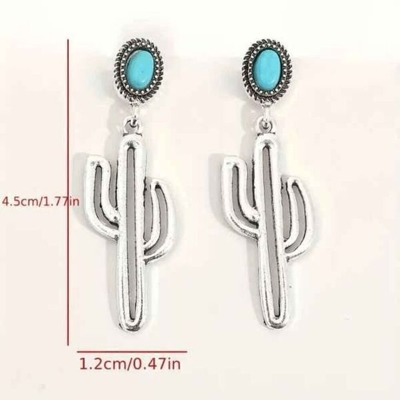 Cactus Shaped Silver Turquoise Dangle Earrings - Picture 5 of 6